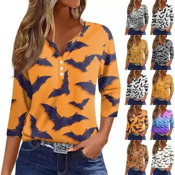 Жен. Футболка Футболка Хэллоуин С принтом Пуговицы Рукав 3/4 Повседневные Выходные Мода Классический Классический V-образный вырез Обычный Топ L
