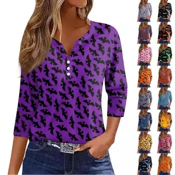 Жен. Футболка Футболка Хэллоуин С принтом Пуговицы Рукав 3/4 Повседневные Выходные Мода Классический Классический V-образный вырез Обычный Топ M