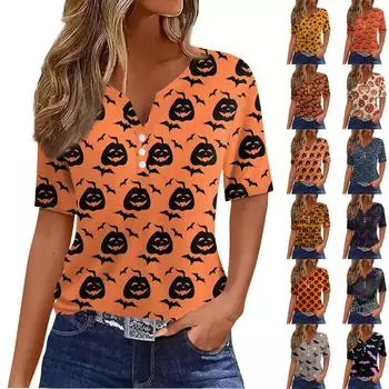 Жен. Футболка Футболка Хэллоуин С принтом Пуговицы С короткими рукавами Повседневные Выходные Мода Классический V-образный вырез Обычный Верх L фиолетовый