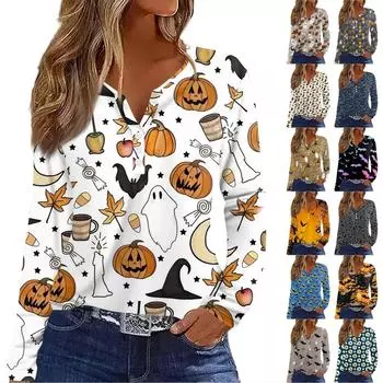 Жен. Футболка Футболка Хэллоуин С принтом Пуговицы Длинный рукав Повседневные Выходные Мода Классический Классический V-образный вырез Обычный Верх L синий