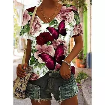 Жен. Футболка Футболка Кот 3D Повседневные выходные Красный Темно-синий Синий С принтом С короткими рукавами Мода Забавный V-образный вырез Обычный крой Весна и лето S