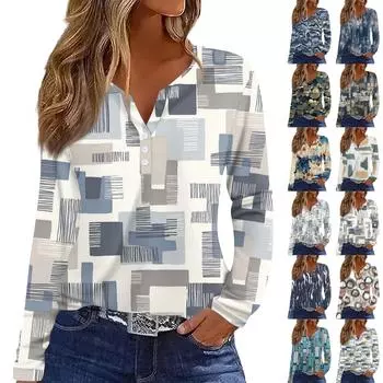 Жен. Футболка Футболка на пуговицах с длинным рукавом Повседневные Выходные Мода Классический Топ с v-образным вырезом Обычный XL