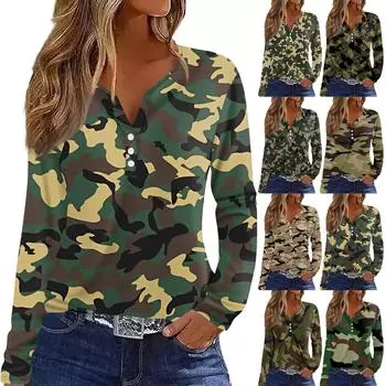 Жен. Футболка Футболка на пуговицах с длинным рукавом Повседневные Выходные Мода Классический Топ с v-образным вырезом Обычный S зелёный