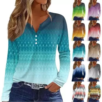 Жен. Футболка Футболка на пуговицах с длинным рукавом Повседневные Выходные Мода Классический Топ с v-образным вырезом Обычный L синий