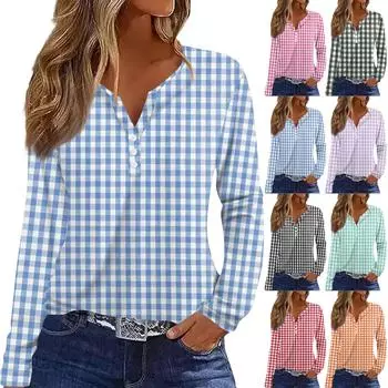 Жен. Футболка Футболка на пуговицах с длинным рукавом Повседневные Выходные Мода Классический Топ с v-образным вырезом Обычный L