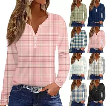 Жен. Футболка Футболка на пуговицах с длинным рукавом Повседневные Выходные Мода Классический Топ с v-образным вырезом Обычный XXXL синий