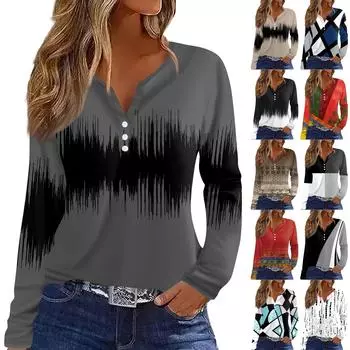 Жен. Футболка Футболка на пуговицах с длинным рукавом Повседневные Выходные Мода Классический Топ с v-образным вырезом Обычный L чёрный