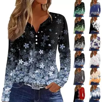 Жен. Футболка Футболка на пуговицах с длинным рукавом Повседневные Выходные Мода Классический Топ с v-образным вырезом Обычный L чёрный