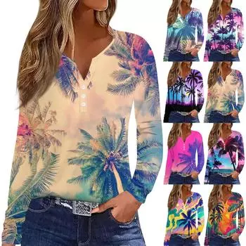 Жен. Футболка Футболка на пуговицах с длинным рукавом Повседневные Выходные Мода Классический Топ с v-образным вырезом Обычный M хаки