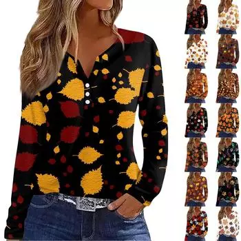 Жен. Футболка Футболка на пуговицах с длинным рукавом Повседневные Выходные Мода Классический Топ с v-образным вырезом Обычный XL кофейный