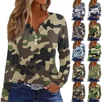 Жен. Футболка Футболка на пуговицах с длинным рукавом Повседневные Выходные Мода Классический Топ с v-образным вырезом Обычный M