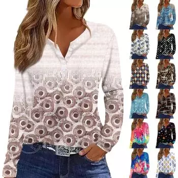 Жен. Футболка Футболка на пуговицах с длинным рукавом Повседневные Выходные Мода Классический Топ с v-образным вырезом Обычный M коричневый