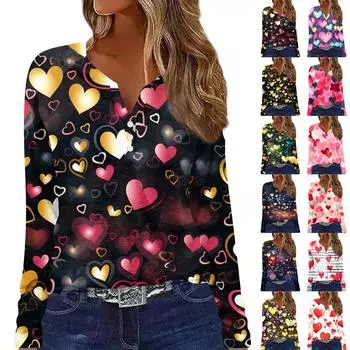 Жен. Футболка Футболка на пуговицах с длинным рукавом День святого Валентина С принтом «Любовь» Повседневные Выходные Мода Классический Топ с v-образным вырезом Обычный Топ M