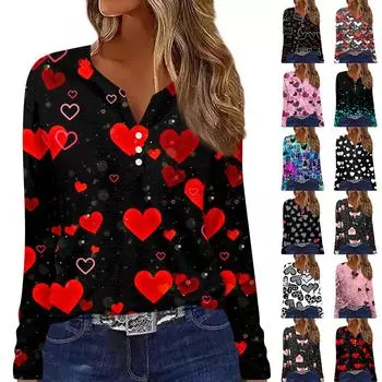 Жен. Футболка Футболка на пуговицах с длинным рукавом День святого Валентина С принтом «Любовь» Повседневные Выходные Мода Классический Топ с v-образным вырезом Обычный Топ S красный