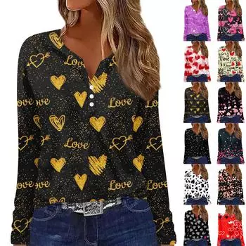 Жен. Футболка Футболка на пуговицах с длинным рукавом День святого Валентина С принтом «Любовь» Повседневные Выходные Мода Классический Топ с v-образным вырезом Обычный Топ M красный
