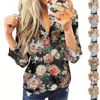 Жен. Футболка Футболка На пуговицах С принтом Длинный рукав Повседневные Выходные Мода Классический V-образный вырез Обычный Топ XL белый