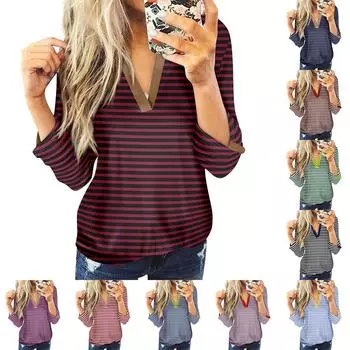 Жен. Футболка Футболка На пуговицах С принтом Длинный рукав Повседневные Выходные Мода Классический V-образный вырез Обычный Топ M киноварь