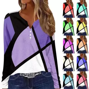 Жен. Футболка Футболка На пуговицах С принтом Длинный рукав Повседневные Выходные Мода Классический V-образный вырез Обычный Топ XXL синий