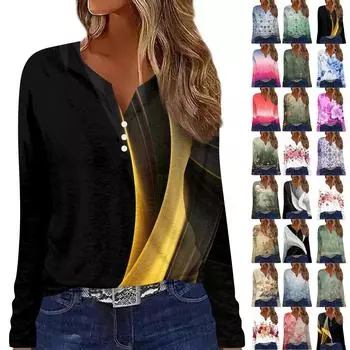 Жен. Футболка Футболка На пуговицах С принтом Длинный рукав Повседневные Выходные Мода Классический V-образный вырез Обычный Топ XL золотой