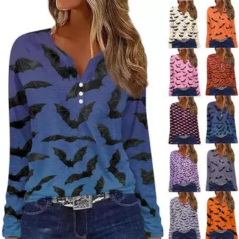 Жен. Футболка Футболка На пуговицах С принтом Длинный рукав Повседневные Выходные Мода Классический V-образный вырез Обычный Топ XL оранжевый