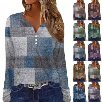 Жен. Футболка Футболка На пуговицах С принтом Длинный рукав Повседневные Выходные Мода Классический V-образный вырез Обычный Топ L хаки