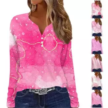 Жен. Футболка Футболка На пуговицах С принтом Длинный рукав Повседневные Выходные Мода Классический V-образный вырез Обычный Топ M