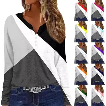 Жен. Футболка Футболка На пуговицах С принтом Длинный рукав Повседневные Выходные Мода Классический V-образный вырез Обычный Топ L