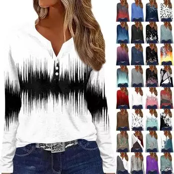 Жен. Футболка Футболка На пуговицах С принтом Длинный рукав Повседневные Выходные Мода Классический V-образный вырез Обычный Топ L бежевый