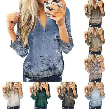Жен. Футболка Футболка На пуговицах С принтом Длинный рукав Повседневные Выходные Мода Классический V-образный вырез Обычный Топ XXXL синий