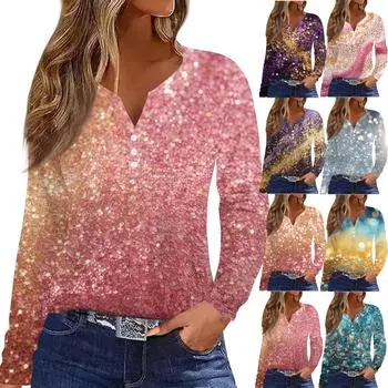 Жен. Футболка Футболка На пуговицах С принтом Длинный рукав Повседневные Выходные Мода Классический V-образный вырез Обычный Топ M