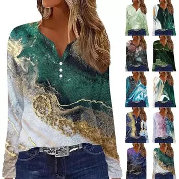 Жен. Футболка Футболка На пуговицах С принтом Длинный рукав Повседневные Выходные Мода Классический V-образный вырез Обычный Топ XXL