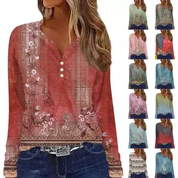 Жен. Футболка Футболка На пуговицах С принтом Длинный рукав Повседневные Выходные Мода Классический V-образный вырез Обычный Топ XXL фиолетовый