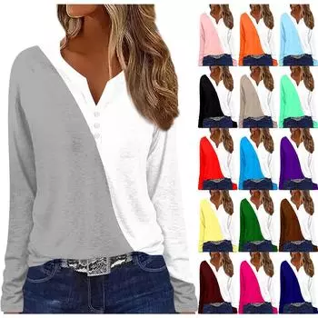 Жен. Футболка Футболка На пуговицах С принтом Длинный рукав Повседневные Выходные Мода Классический V-образный вырез Обычный Топ XL синий