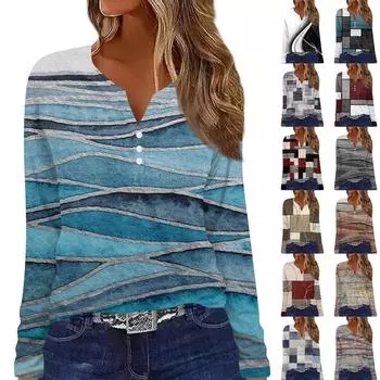 Жен. Футболка Футболка На пуговицах С принтом Длинный рукав Повседневные Выходные Мода Классический V-образный вырез Обычный Топ XXXL чёрный