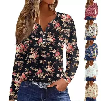Жен. Футболка Футболка На пуговицах С принтом Длинный рукав Повседневные Выходные Мода Классический V-образный вырез Обычный Топ XXXL