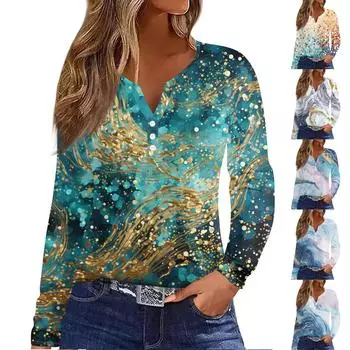 Жен. Футболка Футболка На пуговицах С принтом Длинный рукав Повседневные Выходные Мода Классический V-образный вырез Обычный Топ S белый