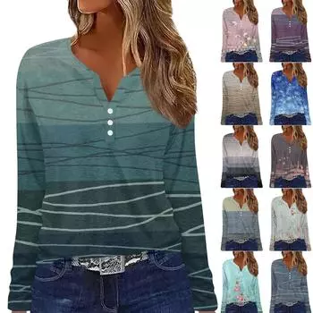 Жен. Футболка Футболка На пуговицах С принтом Длинный рукав Повседневные Выходные Мода Классический V-образный вырез Обычный Топ M фиолетовый