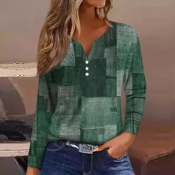 Жен. Футболка Футболка Пуговицы Цветочный принт Длинный рукав Повседневные Выходные Мода Классический Классический V-образный вырез Обычный Топ S