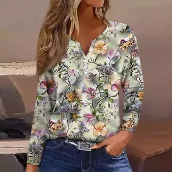 Жен. Футболка Футболка Пуговицы Цветочный принт Длинный рукав Повседневные Выходные Мода Классический Классический V-образный вырез Обычный Топ XXXL бежевый