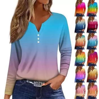 Жен. Футболка Футболка Пуговицы Цветочный принт Длинный рукав Повседневные Выходные Мода Классический Классический V-образный вырез Обычный Топ L синий