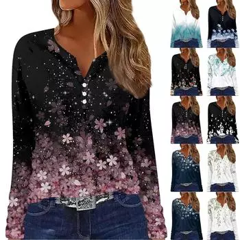 Жен. Футболка Футболка Пуговицы Цветочный принт Длинный рукав Повседневные Выходные Мода Классический Классический V-образный вырез Обычный Топ XL синий