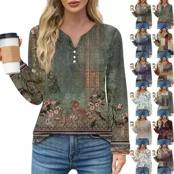 Жен. Футболка Футболка Пуговицы Цветочный принт Длинный рукав Повседневные Выходные Мода Классический Классический V-образный вырез Обычный Топ L армия зеленый