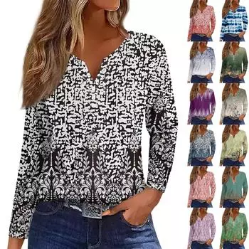 Жен. Футболка Футболка Пуговицы Цветочный принт Длинный рукав Повседневные Выходные Мода Классический Классический V-образный вырез Обычный Топ XXXL синий