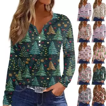 Жен. Футболка Футболка Пуговицы Цветочный принт Длинный рукав Повседневные Выходные Мода Классический Классический V-образный вырез Обычный Топ XXL киноварь