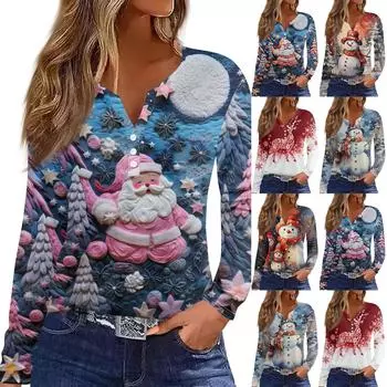 Жен. Футболка Футболка Пуговицы Цветочный принт Длинный рукав Повседневные Выходные Мода Классический Классический V-образный вырез Обычный Топ XL тёмно-синий