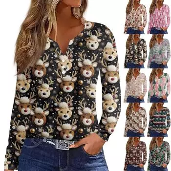 Жен. Футболка Футболка Пуговицы Цветочный принт Длинный рукав Повседневные Выходные Мода Классический Классический V-образный вырез Обычный Топ XL бежевый