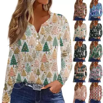 Жен. Футболка Футболка Пуговицы Цветочный принт Длинный рукав Повседневные Выходные Мода Классический Классический V-образный вырез Обычный Топ L