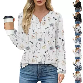 Жен. Футболка Футболка Пуговицы Цветочный принт Длинный рукав Повседневные Выходные Мода Классический Классический V-образный вырез Обычный Топ L синий