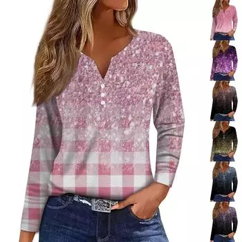 Жен. Футболка Футболка Пуговицы Цветочный принт Длинный рукав Повседневные Выходные Мода Классический Классический V-образный вырез Обычный Топ L