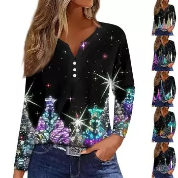 Жен. Футболка Футболка Пуговицы Цветочный принт Длинный рукав Повседневные Выходные Мода Классический Классический V-образный вырез Обычный Топ M